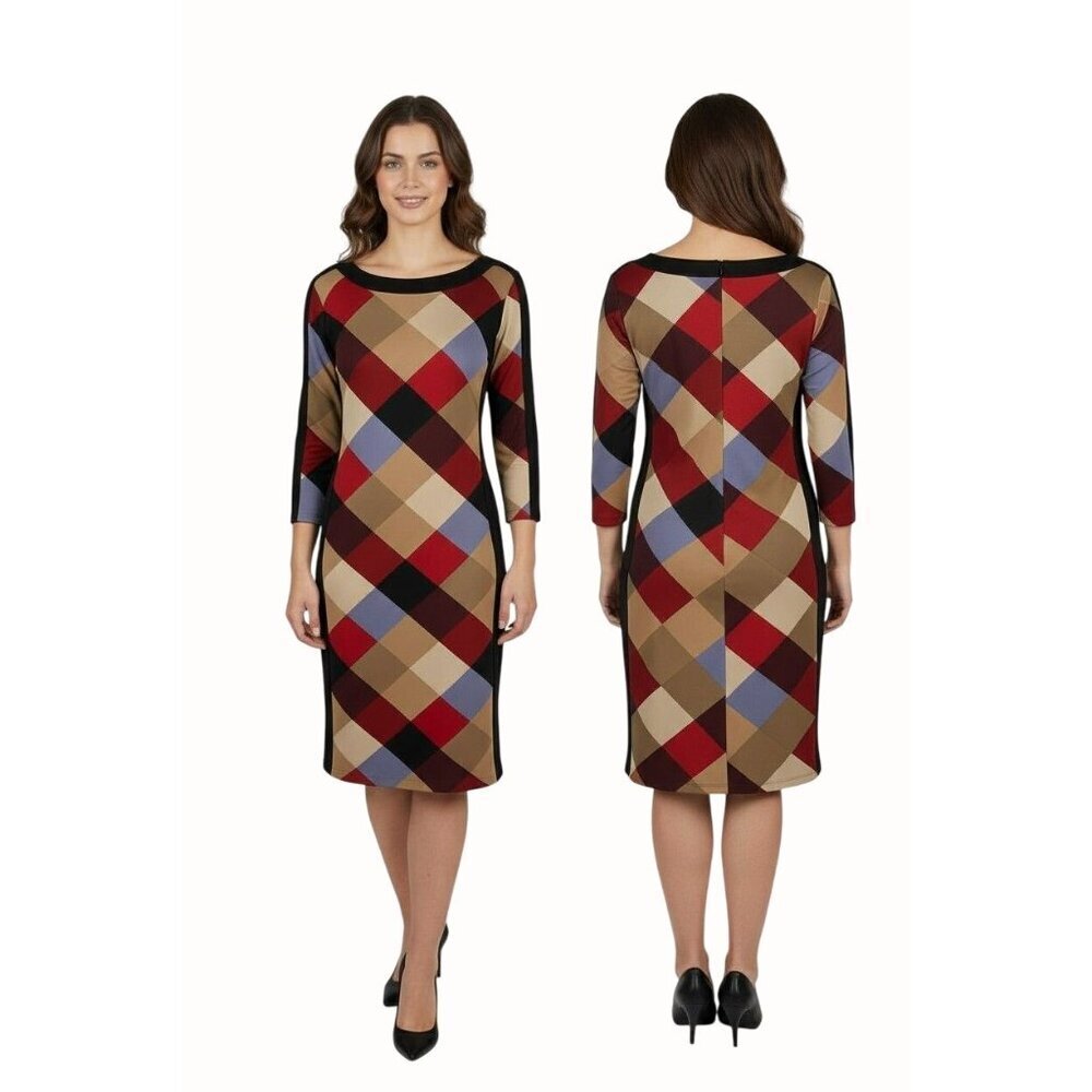 Nine West Womens Black Geometric Plaid Sheath Dress Size 10 Quarter Sleeve Midi